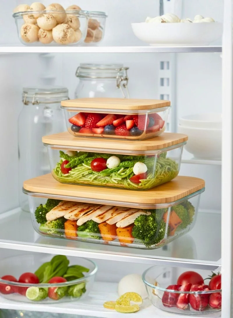 1Chase Rectangular Borosilicate Rectangular Glass Food Storage Containers with Bamboo Lids, Airtight Meal Prep Set 400ML 700ML 1000ML  | Best Price UAE
